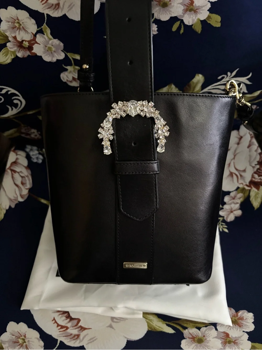 Brahmin Luxe Faith Crystal Buckle Bucket Bag Black Leather Crossbody